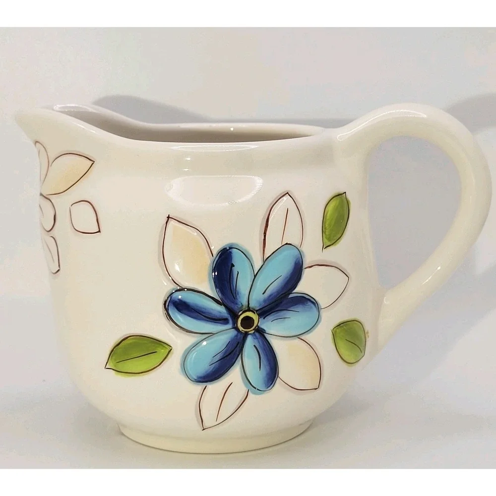 Laurie Gates Lola Embossed Floral Stoneware Creamer‎ Handpainted Cottagecore